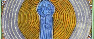 Dessin : La vision de la Sainte Trinité de Sainte Hildegarde de Bingen (Scivias, IIe livre, 2e vision) (détail : tiers médian)