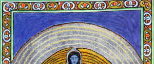 Dessin : La vision de la Sainte Trinité de Sainte Hildegarde de Bingen (Scivias, IIe livre, 2e vision) (détail : tiers supérieur)